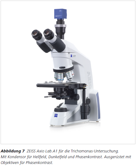 Abbildung 7 ZEISS Axio Lab.A1 für die Trichomonas-Untersuchung.
Mit Kondensor für Hellfeld, Dunkelfeld und Phasenkontrast. Ausgerüstet mit Objektiven für Phasenkontrast.